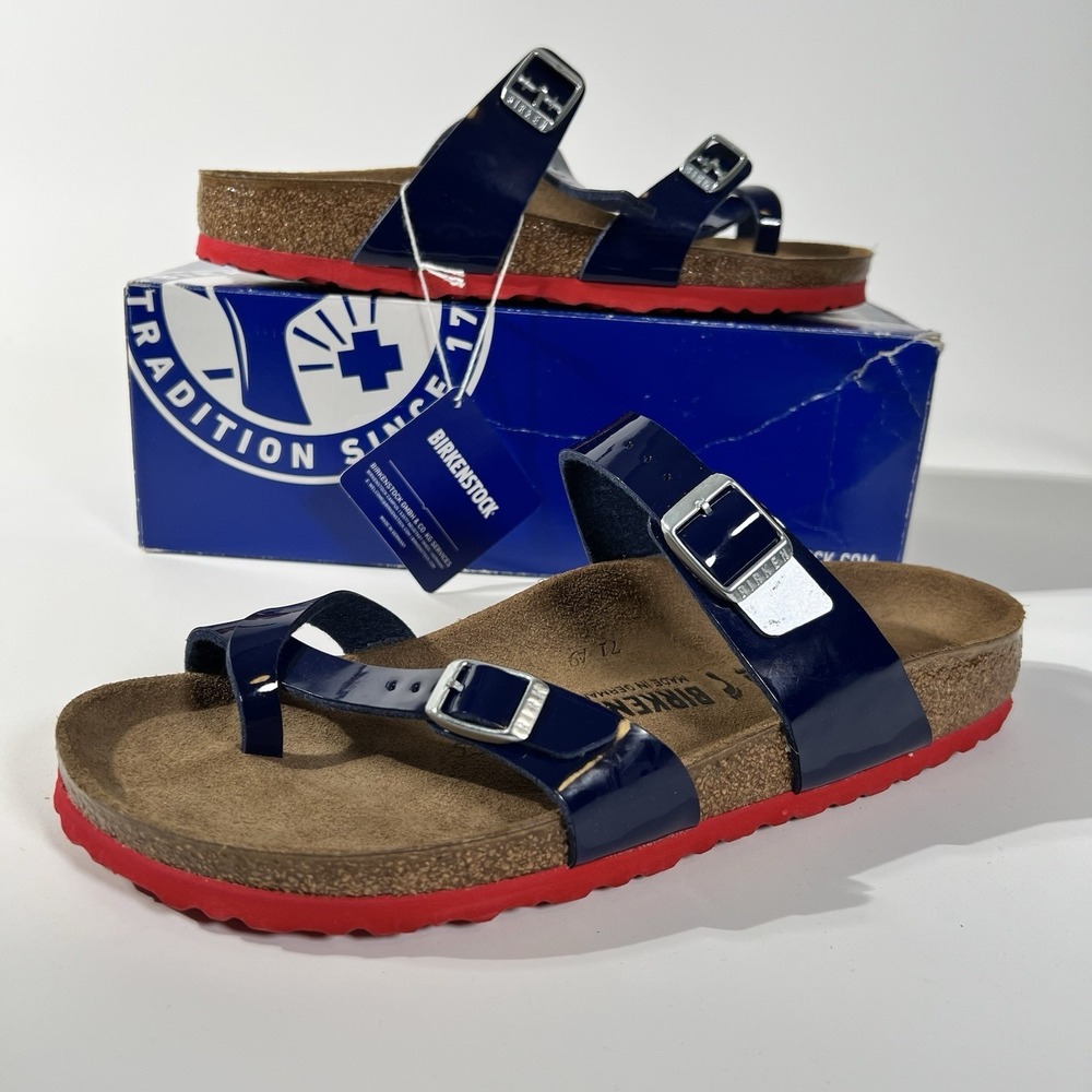 Birkenstock Women’s Navy Patent Rio Sandals with Red Sole